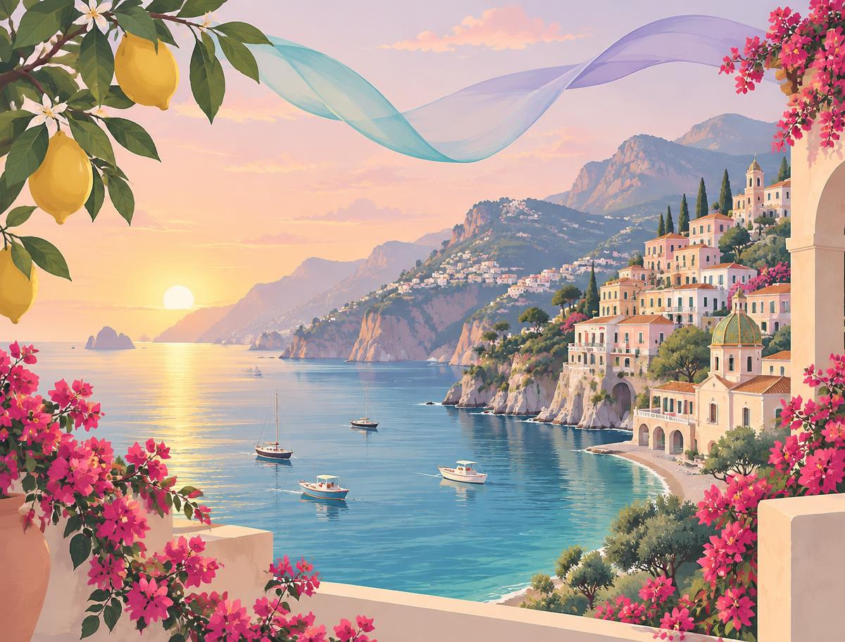 Illustrated Amalfi coast at sunrise with lemons and bougainvillea