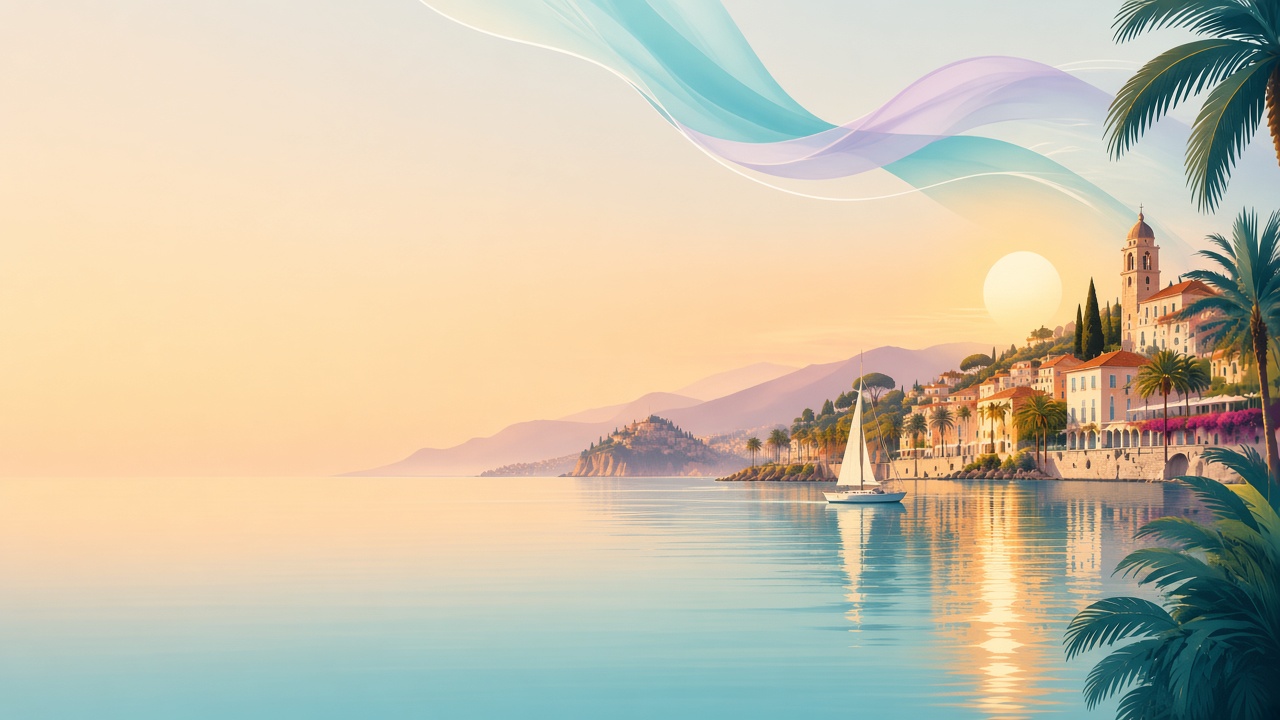 Illustrated Mediterranean coastline at sunrise, with a sailboat, a cliffside village, and flowing teal and lavender ribbons