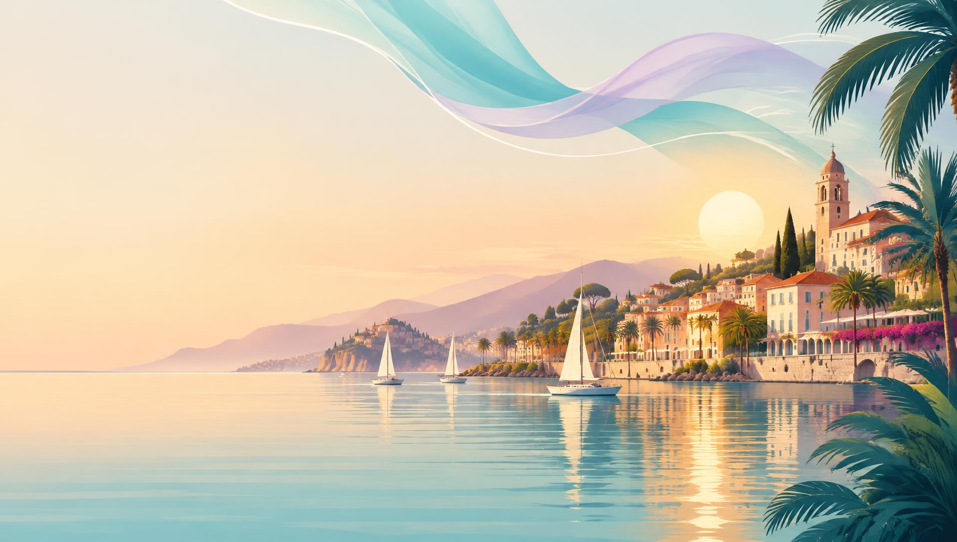 Illustrated Mediterranean coastline at sunrise with sailboats and flowing teal and lavender ribbons