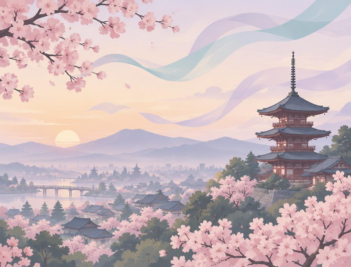 Illustrated Kyoto pagoda among cherry blossoms at dawn