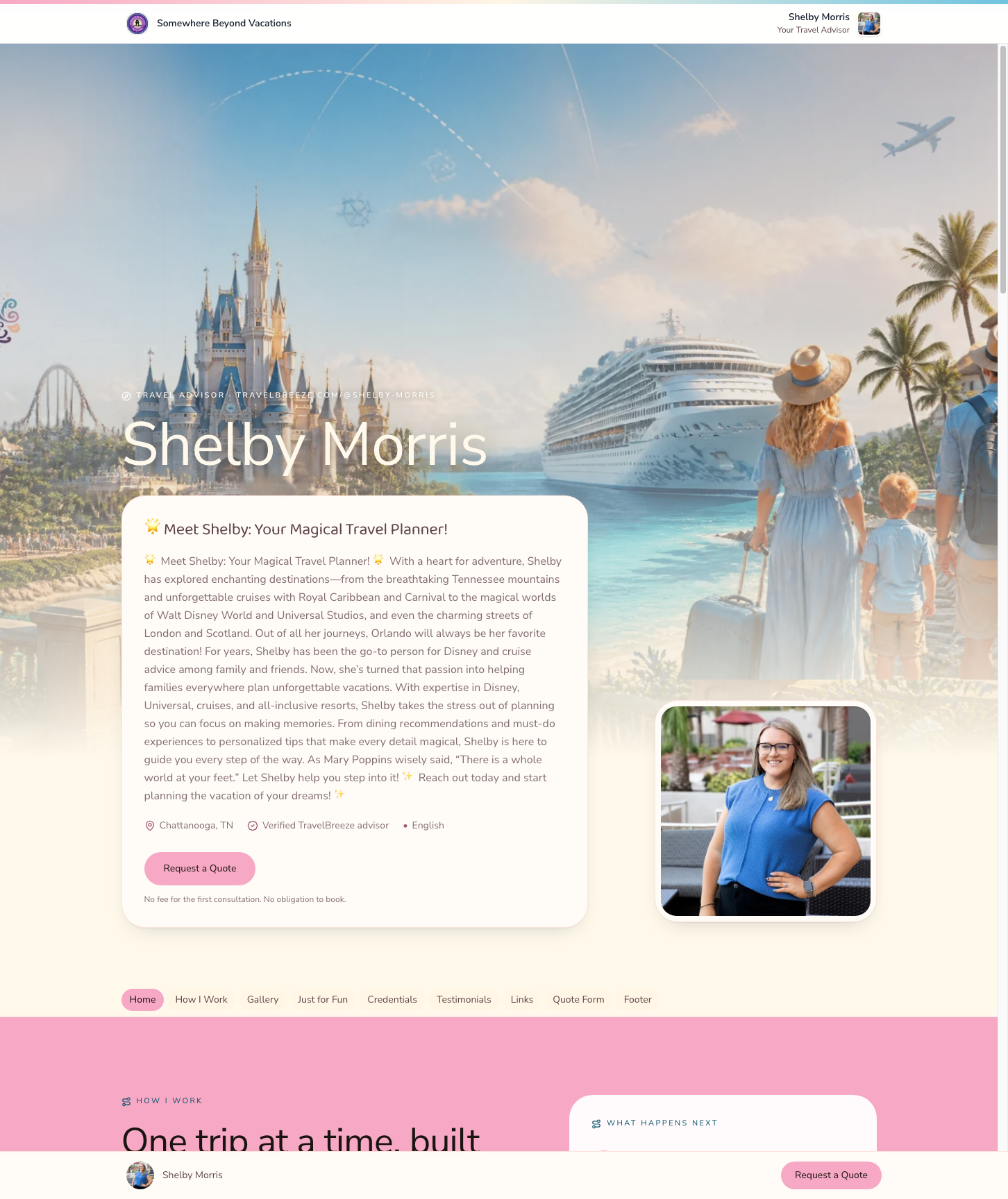 Shelby Morris's live TravelBreeze advisor page: her name, bio, portrait, and section menu