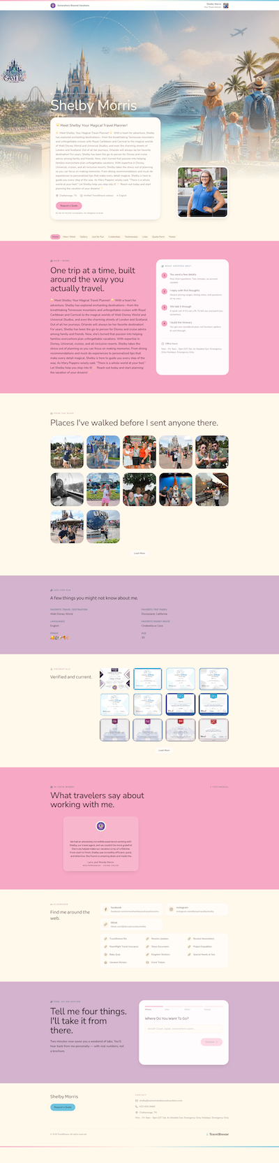 Shelby Morris's live TravelBreeze advisor page: her name, bio, portrait, and section menu