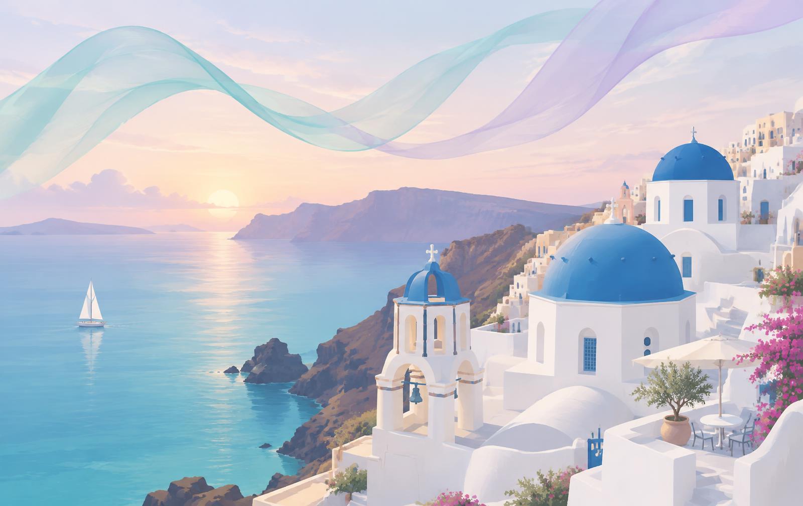 Illustrated Santorini cliffs at dawn with silk ribbons